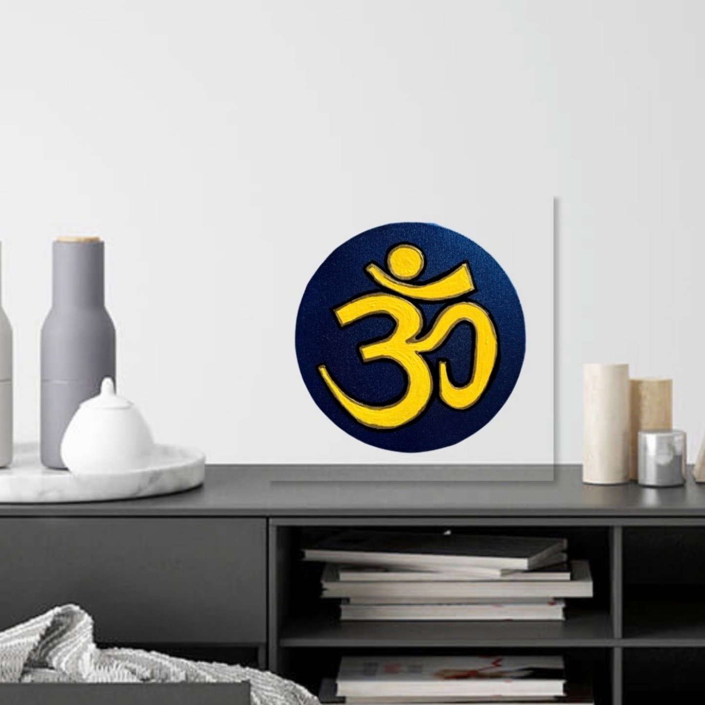 Small Hand Painted OM symbol Circle - Yellow on Metallic blue - Arjuna Rigby Art and Lifestyle Store