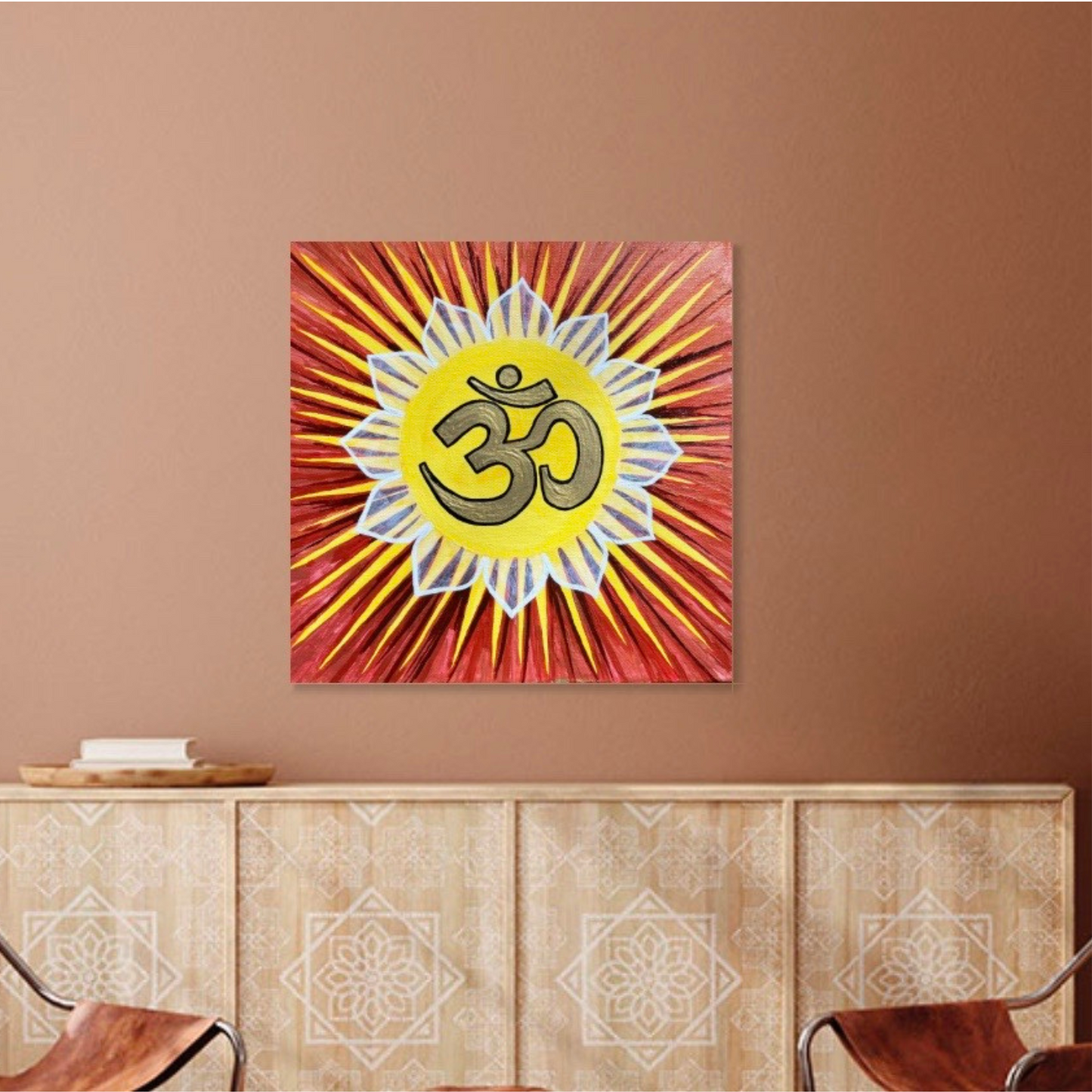 Sunburst AUM on Red Gold Background - Print - Arjuna Rigby Art and Lifestyle Store