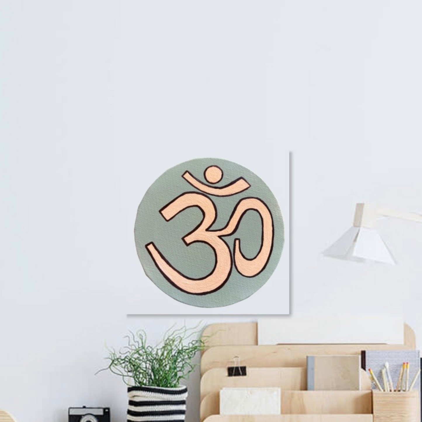 Small Hand Painted OM symbol Circle - Neutral Colors - Arjuna Rigby Art and Lifestyle Store