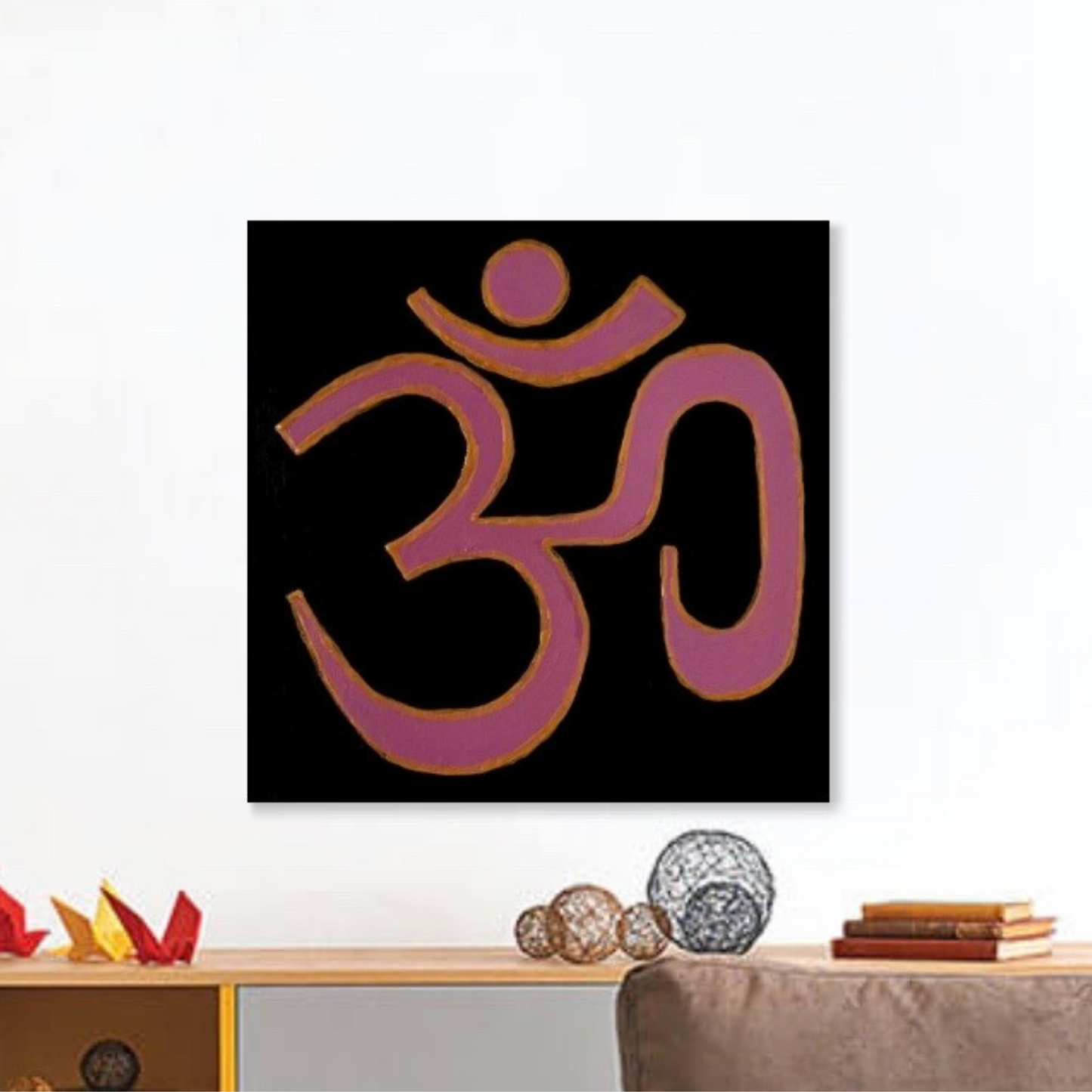 Lavender & Gold AUM symbol on black canvas - Arjuna Rigby Art and Lifestyle Store