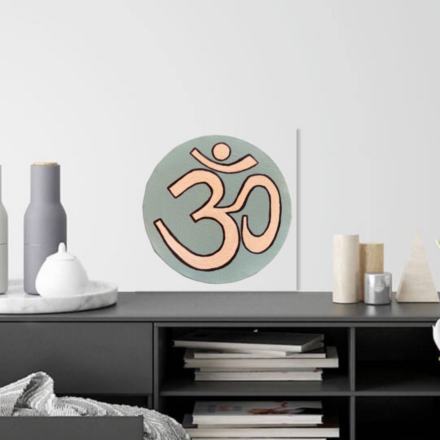 Small Hand Painted OM symbol Circle - Neutral Colors - Arjuna Rigby Art and Lifestyle Store