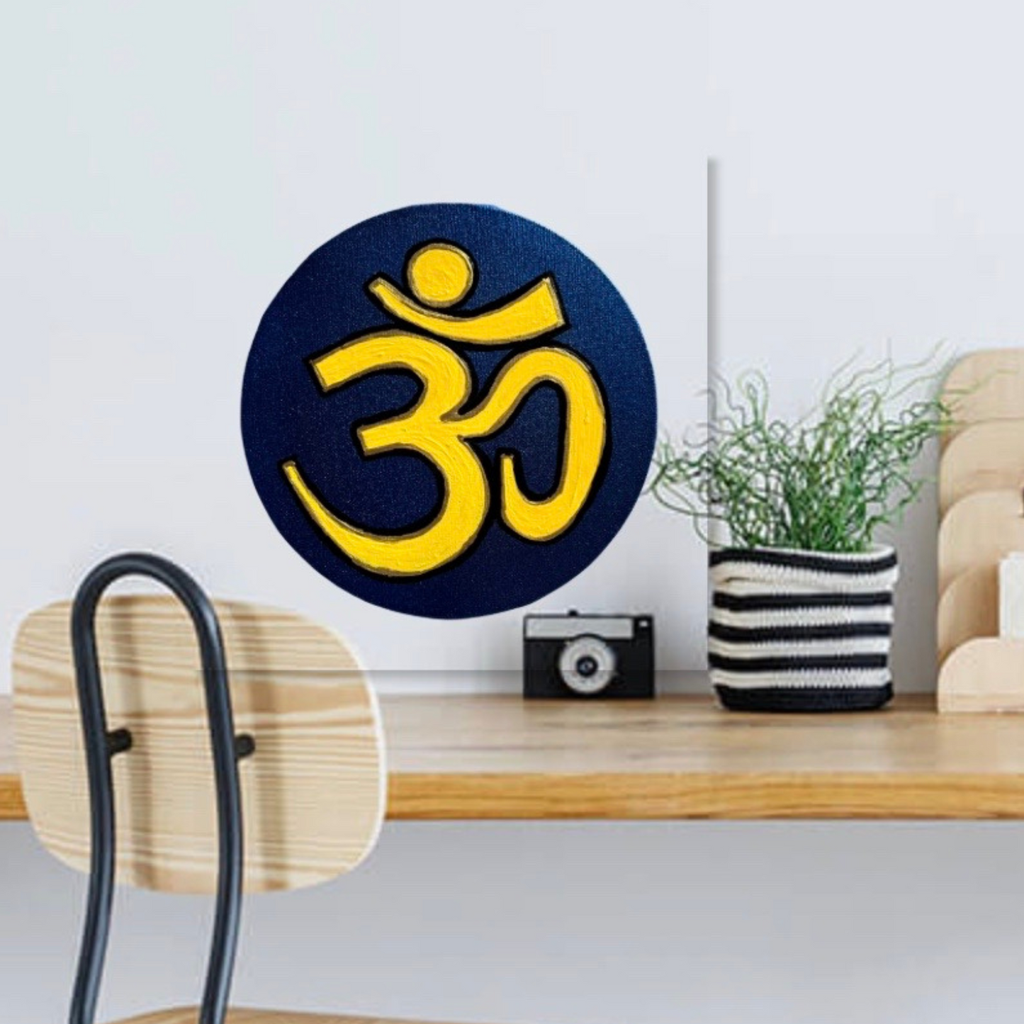 Small Hand Painted OM symbol Circle - Yellow on Metallic blue - Arjuna Rigby Art and Lifestyle Store