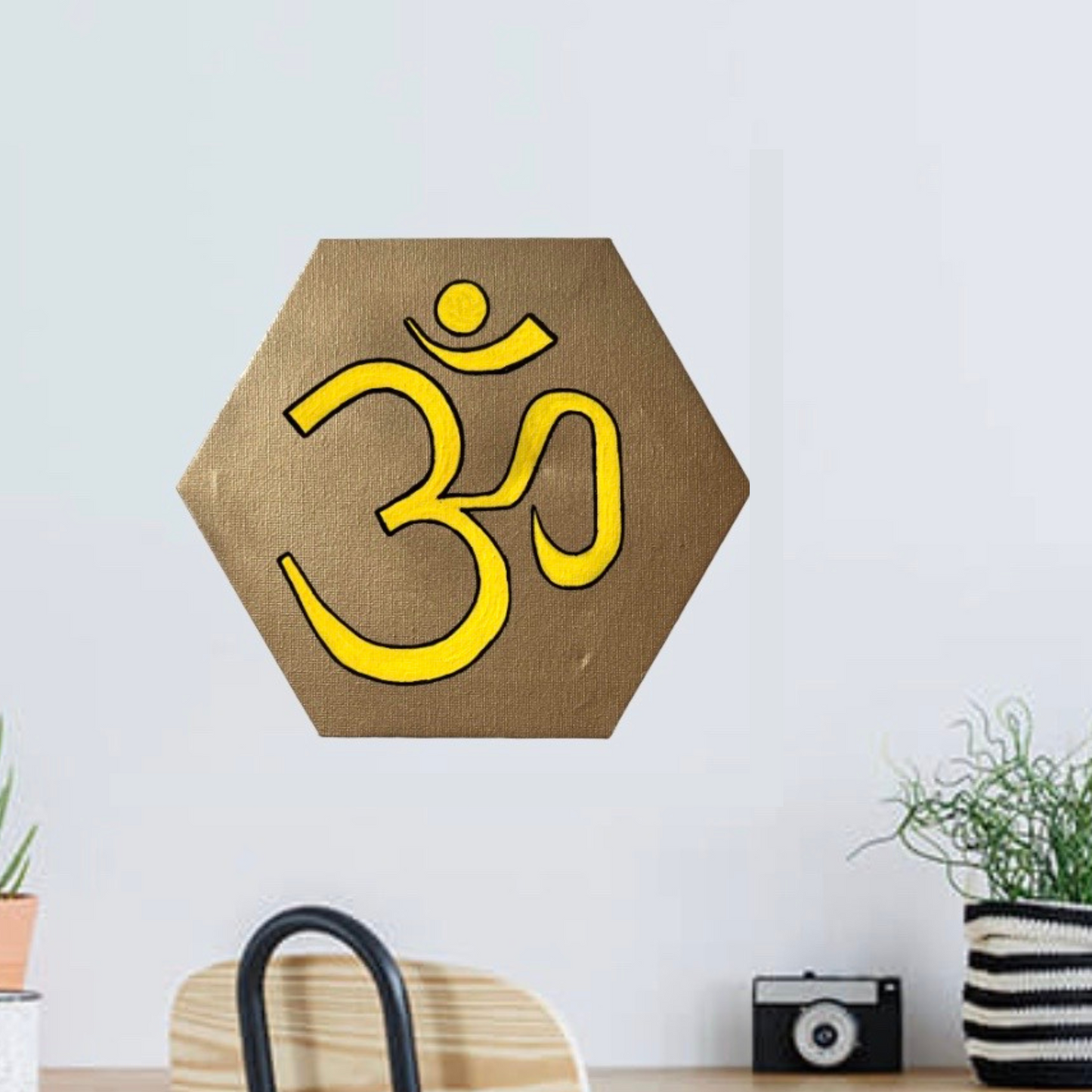 Yellow AUM symbol on gold background - Arjuna Rigby Art and Lifestyle Store