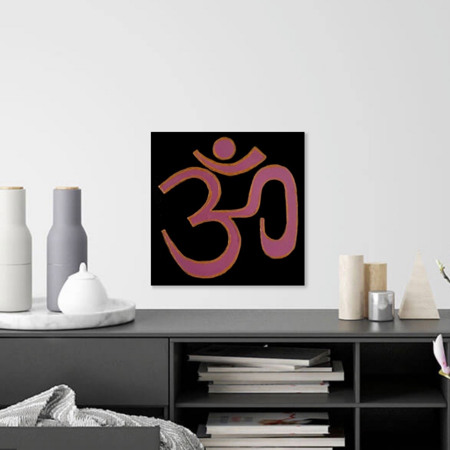 Lavender & Gold AUM symbol on black canvas - Arjuna Rigby Art and Lifestyle Store