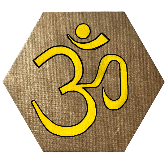 Yellow AUM symbol on gold background - Arjuna Rigby Art and Lifestyle Store