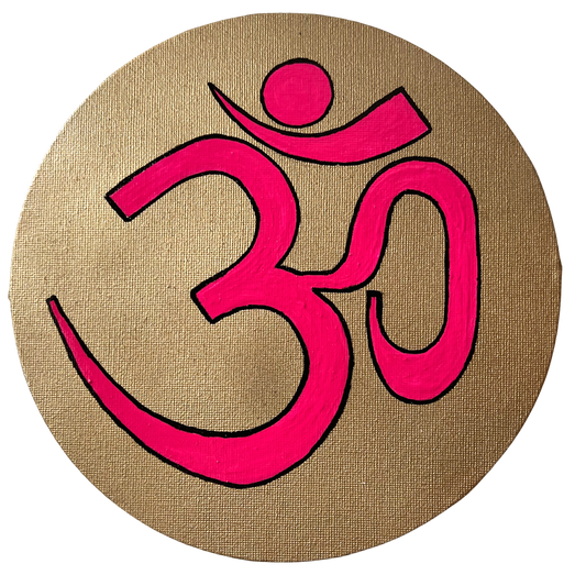 Pink OM symbol on gold background - Arjuna Rigby Art and Lifestyle Store