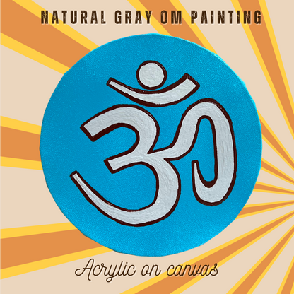 Small Hand Painted OM symbol Circle - Natural gray on lagoon blue - Arjuna Rigby Art and Lifestyle Store