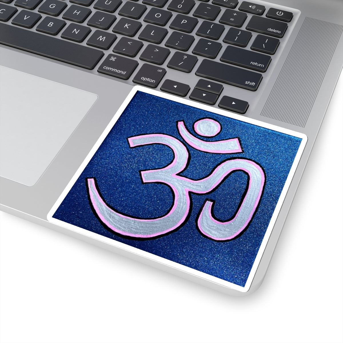 Pink & Silver OM on Metallic Blue Sticker - Arjuna Rigby Art and Lifestyle Store