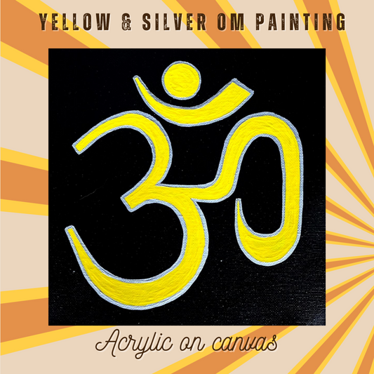 Yellow & Silver OM symbol on black canvas - Arjuna Rigby Art and Lifestyle Store