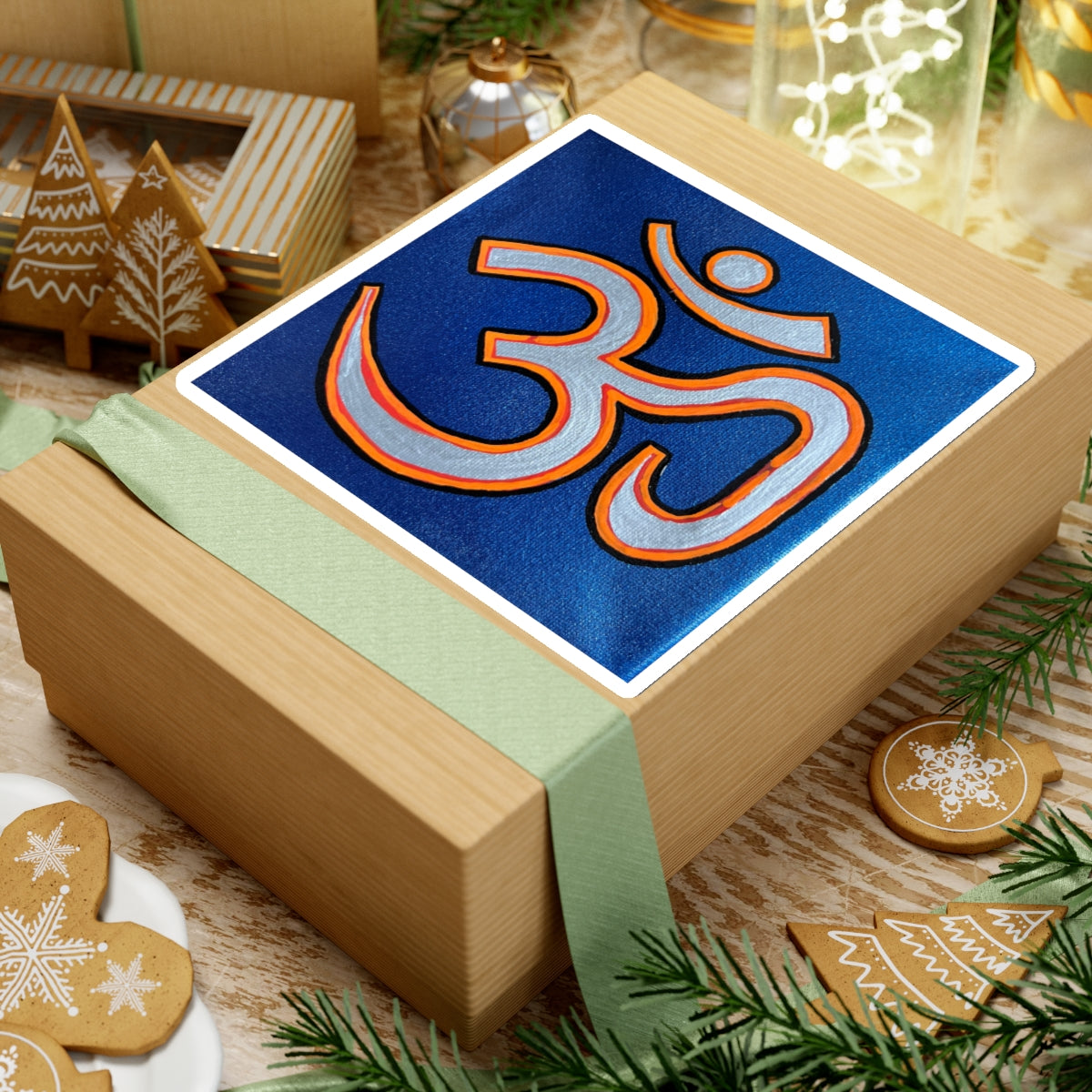 Orange & Silver OM on Metallic Blue Sticker - Arjuna Rigby Art and Lifestyle Store