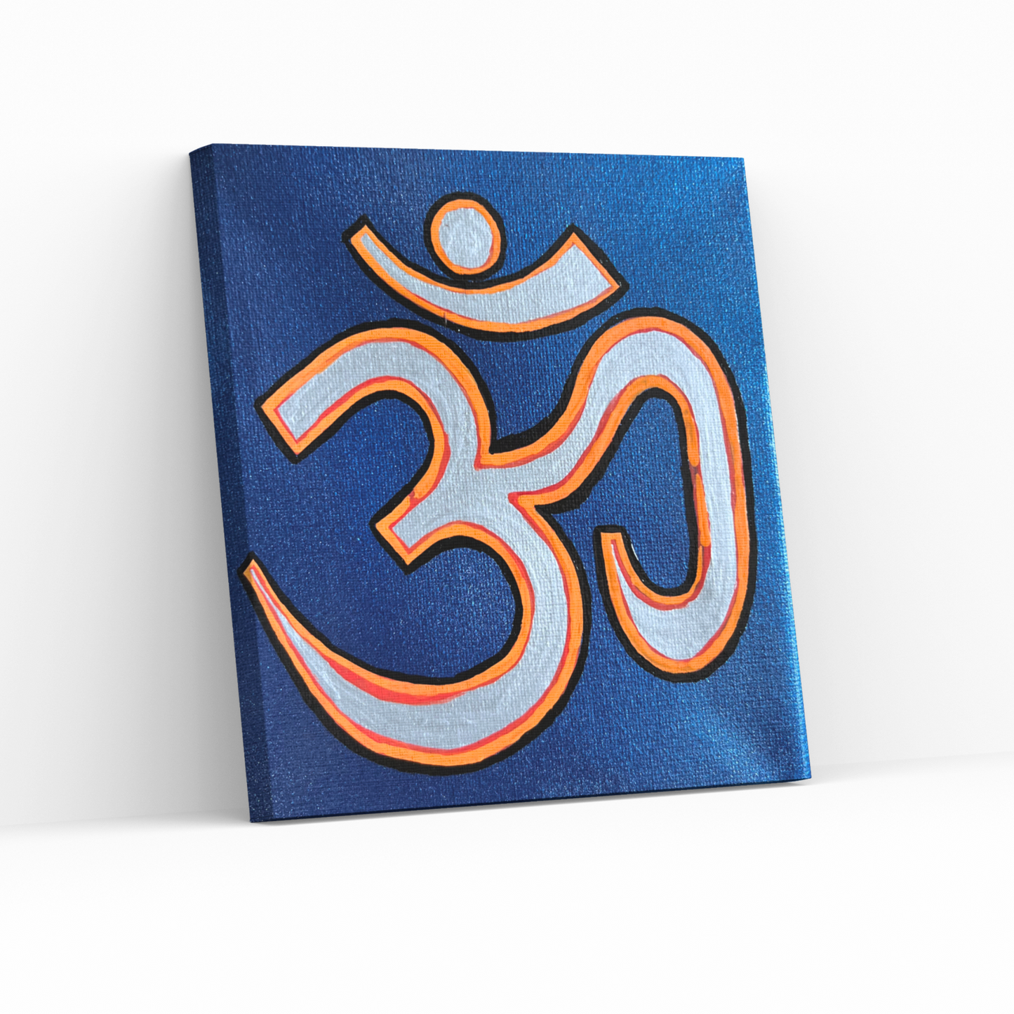 Orange & Silver OM on Metallic Blue 6 x 6 inch canvas - Arjuna Rigby Art and Lifestyle Store