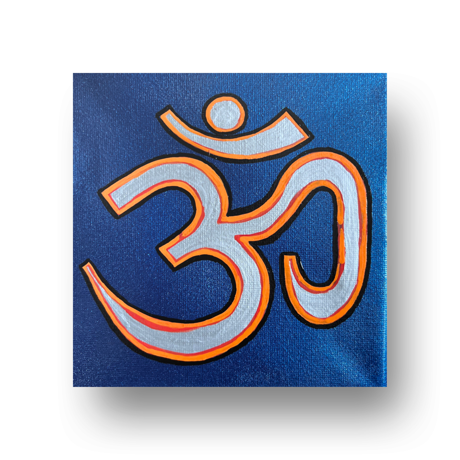 Orange & Silver OM on Metallic Blue 6 x 6 inch canvas - Arjuna Rigby Art and Lifestyle Store