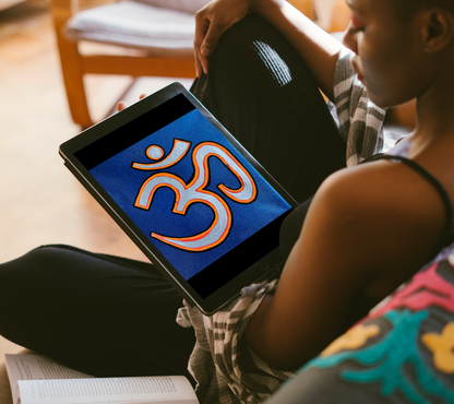 Orange & Silver OM on Metallic Blue 6 x 6 inch canvas - Arjuna Rigby Art and Lifestyle Store