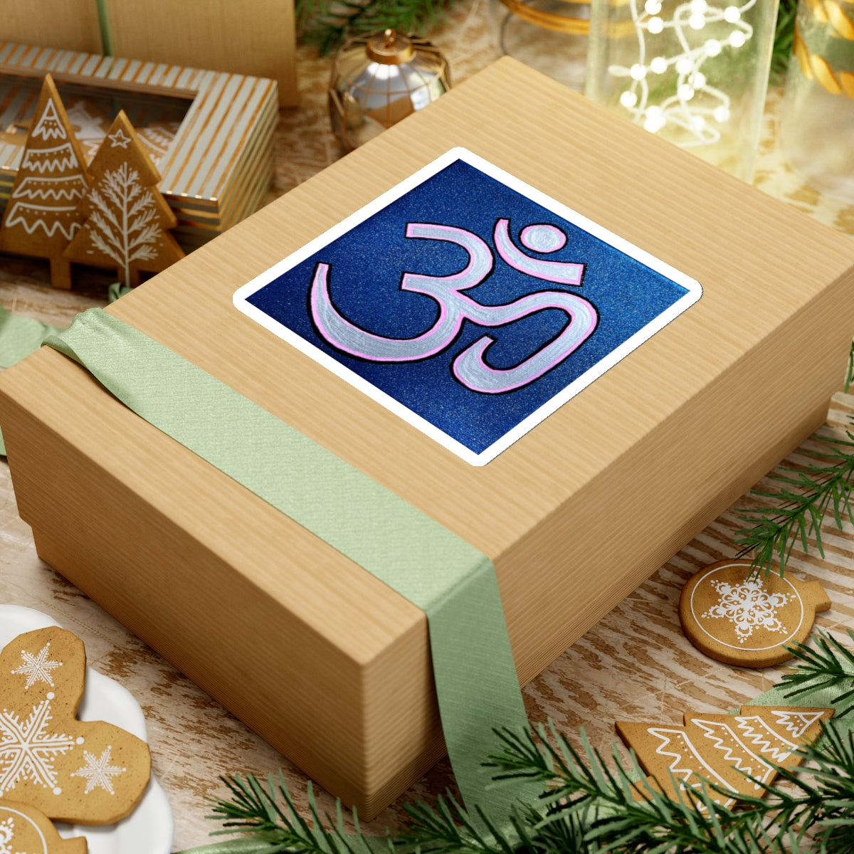 Pink & Silver OM on Metallic Blue Sticker - Arjuna Rigby Art and Lifestyle Store