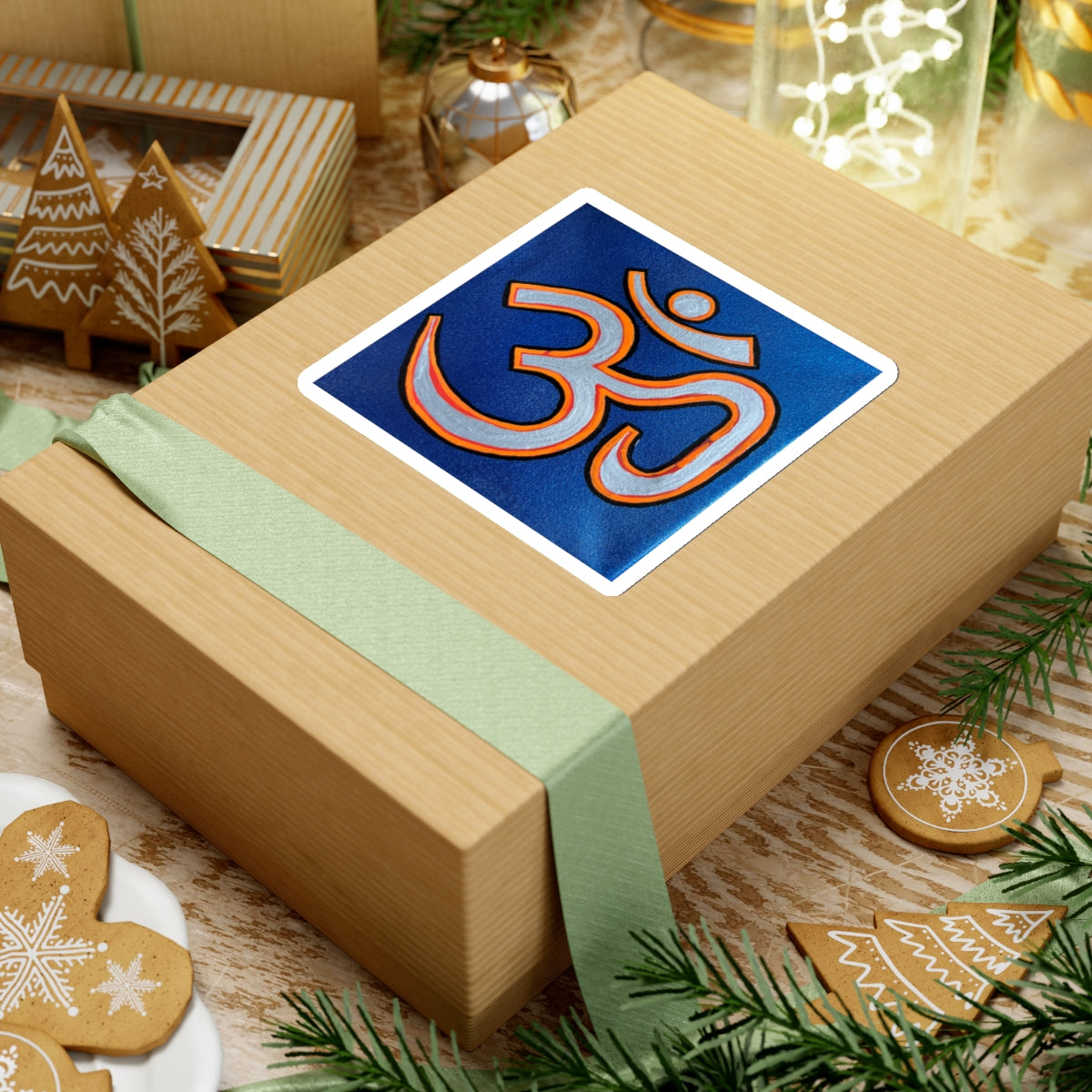 Orange & Silver OM on Metallic Blue Sticker - Arjuna Rigby Art and Lifestyle Store