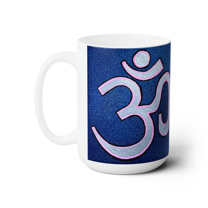 Pink & Silver OM on Metallic Blue Jumbo Size Mug - Arjuna Rigby Art and Lifestyle Store