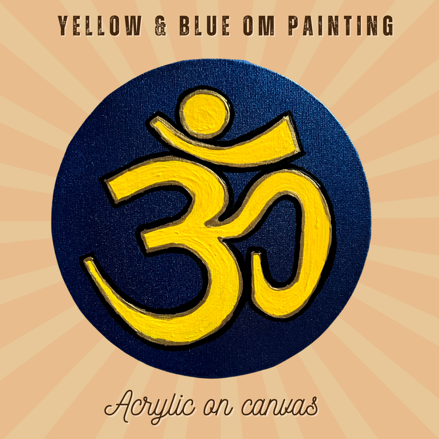 Small Hand Painted OM symbol Circle - Yellow on Metallic blue - Arjuna Rigby Art and Lifestyle Store