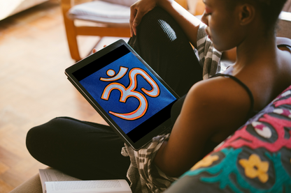 Orange & Silver OM on Metallic Blue 6 x 6 inch canvas - Arjuna Rigby Art and Lifestyle Store