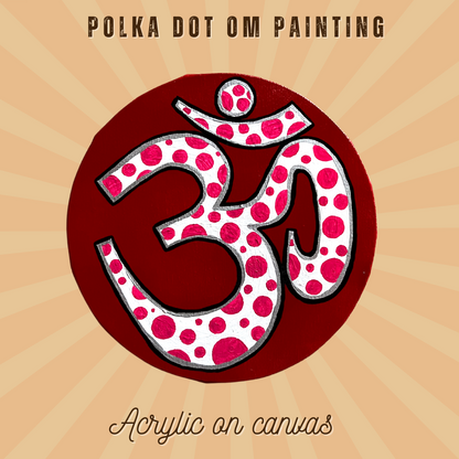 Small Hand Painted OM symbol Circle - Pink Polka Dots on Red - Arjuna Rigby Art and Lifestyle Store