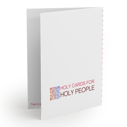 White card with 'Holy Cards for Holy People' text and QR code on a white background