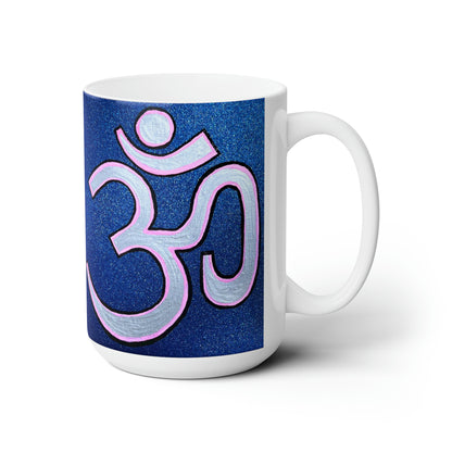 Pink & Silver OM on Metallic Blue Jumbo Size Mug - Arjuna Rigby Art and Lifestyle Store