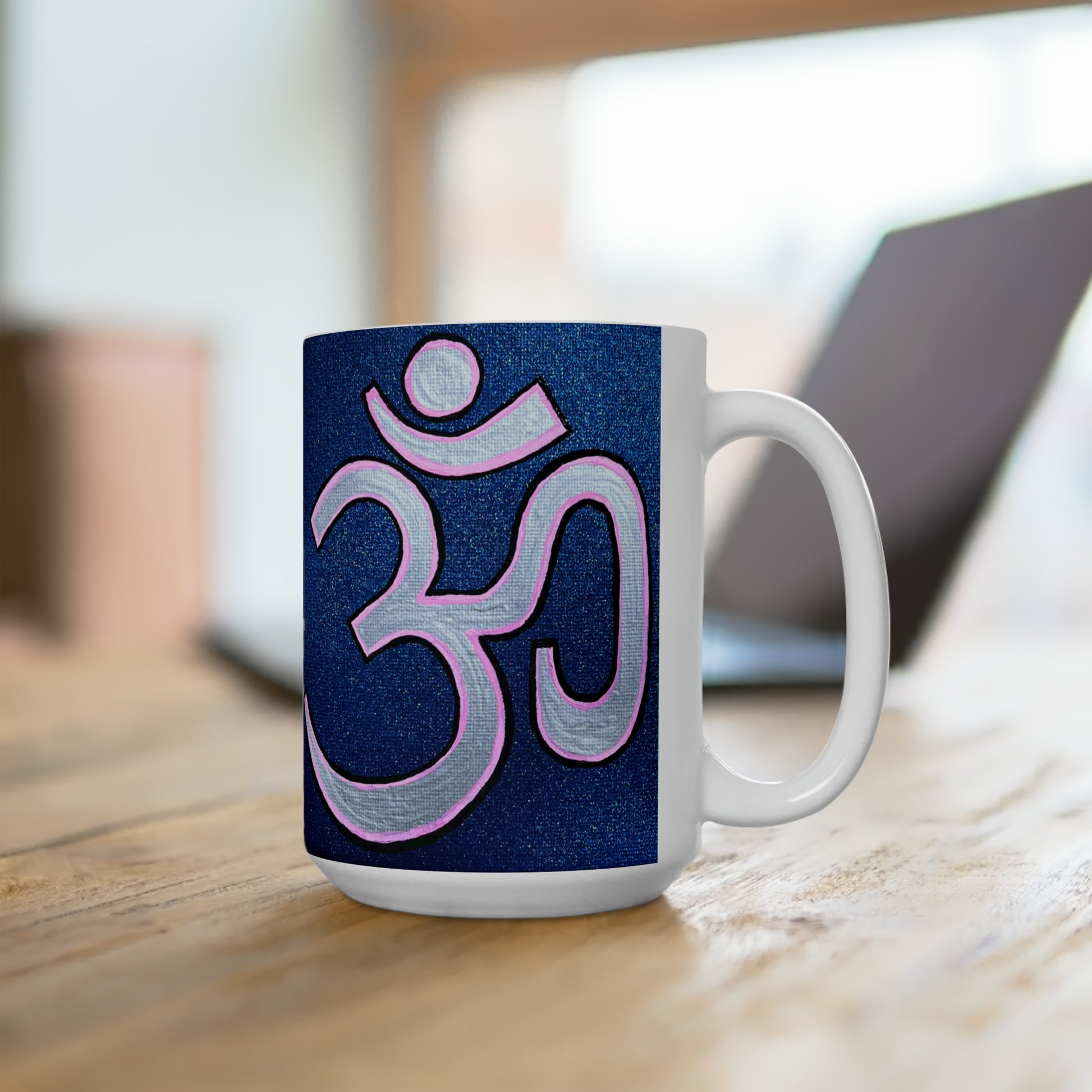 Pink & Silver OM on Metallic Blue Jumbo Size Mug - Arjuna Rigby Art and Lifestyle Store