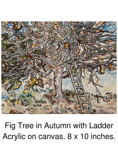 Arjuna Rigby Arts Fig Tree in Autumn with Ladder original painting on canvas