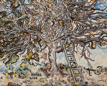 Arjuna Rigby Arts Fig Tree in Autumn with Ladder original painting on canvas