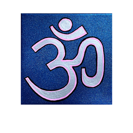 Pink & Silver OM on Metallic Blue 6 x 6 inch canvas