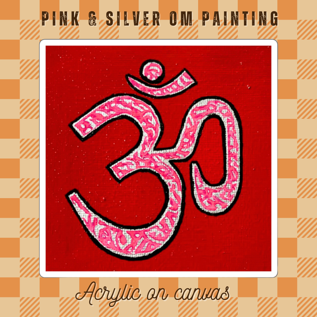 Pink & Silver OM Symbol on red 6 x 6 inch canvas - Arjuna Rigby Art and Lifestyle Store