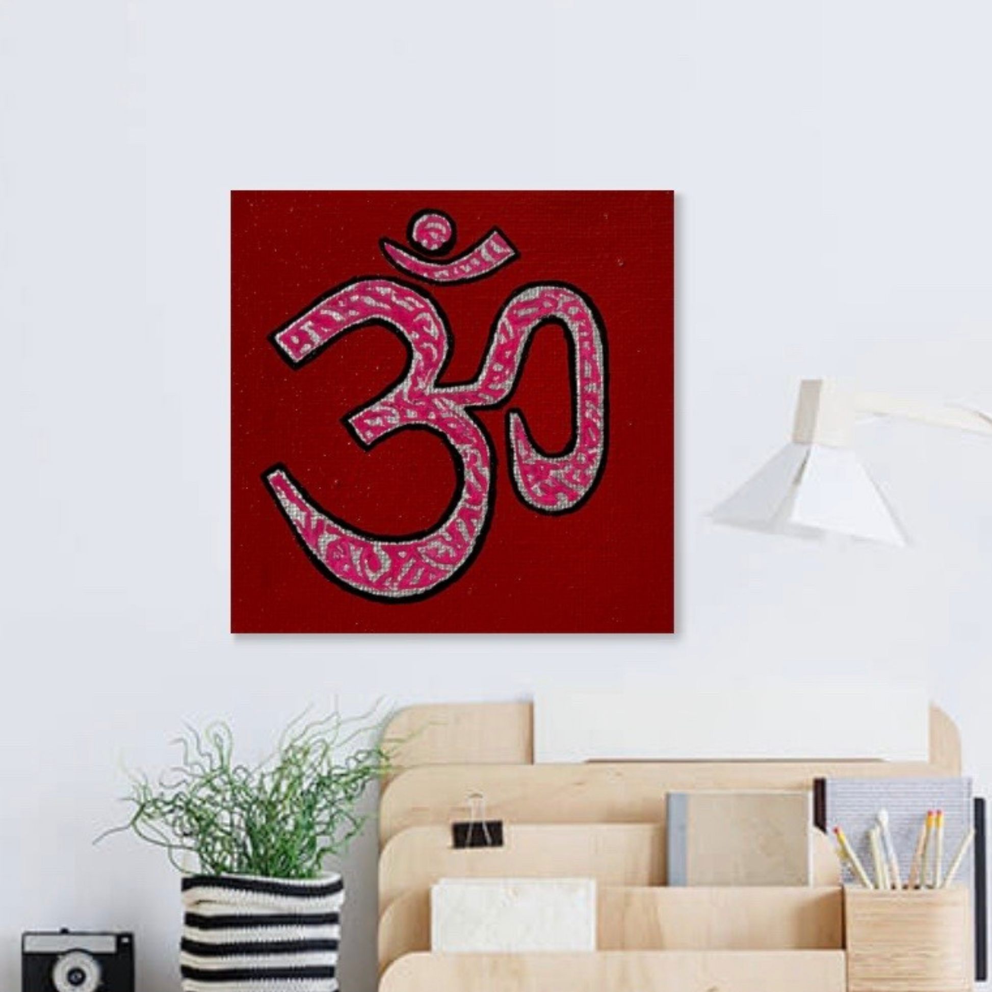 Pink & Silver AUM Symbol on red canvas - Arjuna Rigby Art and Lifestyle Store