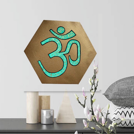 Turquoise & gold AUM symbol on gold background - Arjuna Rigby Art and Lifestyle Store