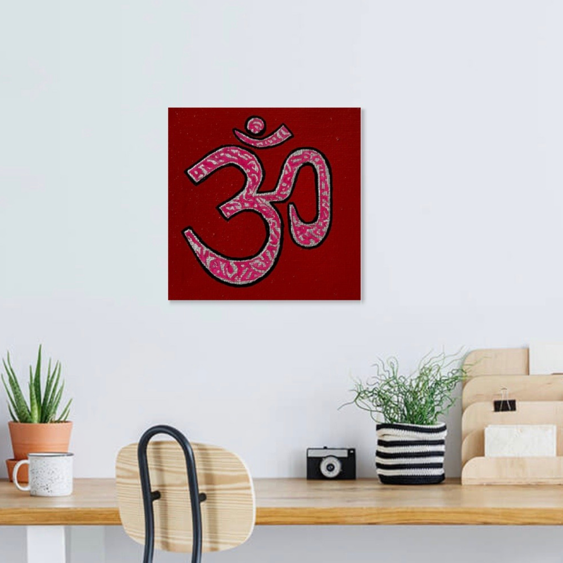 Pink & Silver AUM Symbol on red canvas - Arjuna Rigby Art and Lifestyle Store