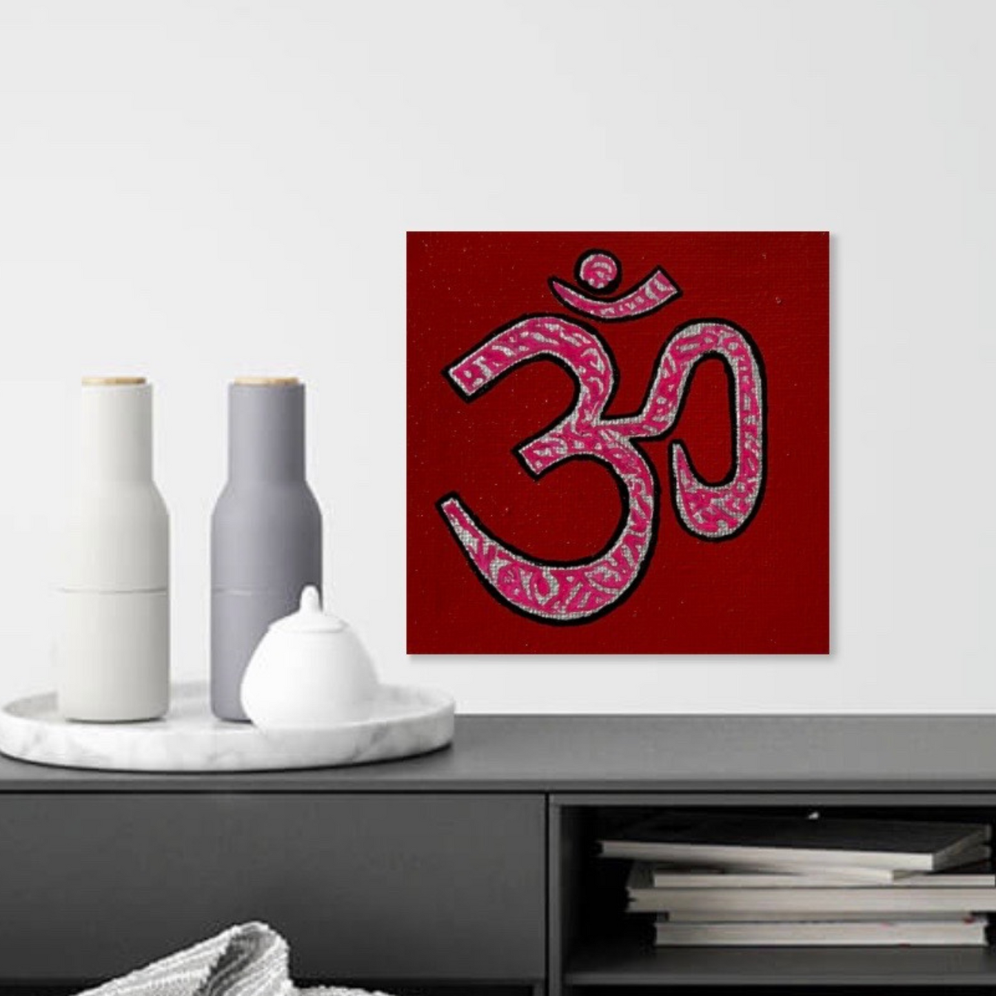 Pink & Silver AUM Symbol on red canvas - Arjuna Rigby Art and Lifestyle Store