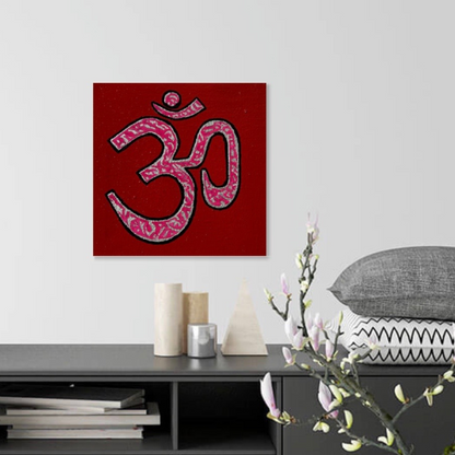 Pink & Silver AUM Symbol on red canvas - Arjuna Rigby Art and Lifestyle Store