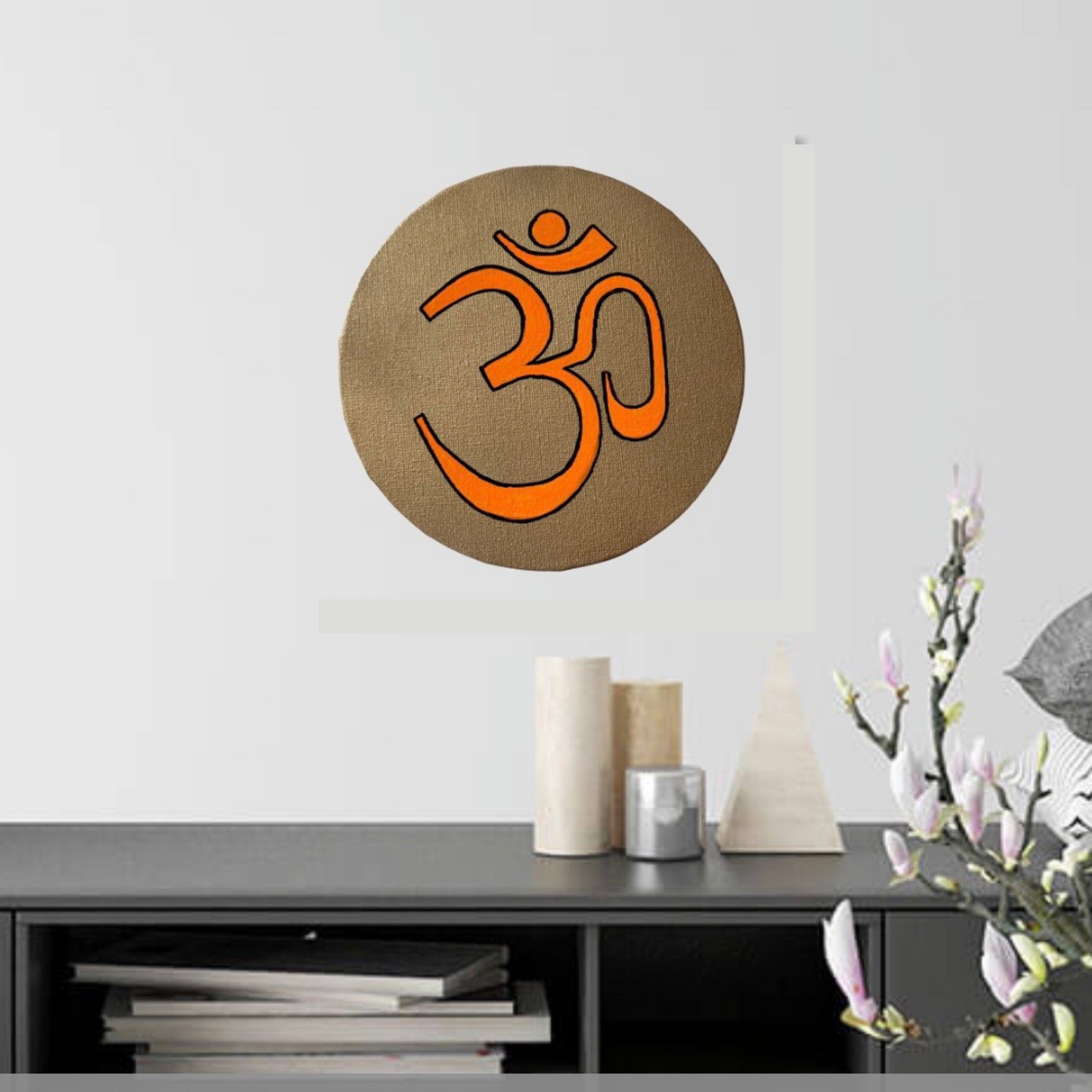 Orange AUM symbol on gold background - Arjuna Rigby Art and Lifestyle Store