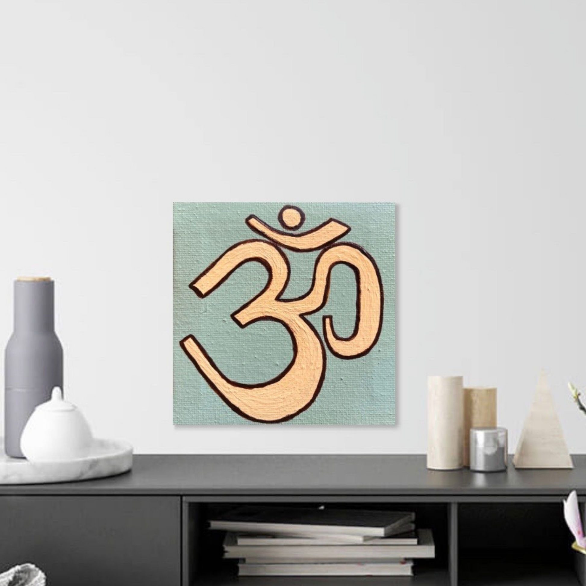 Small Hand Painted OM symbol - Neutral colors - mini square canvas - Arjuna Rigby Art and Lifestyle Store