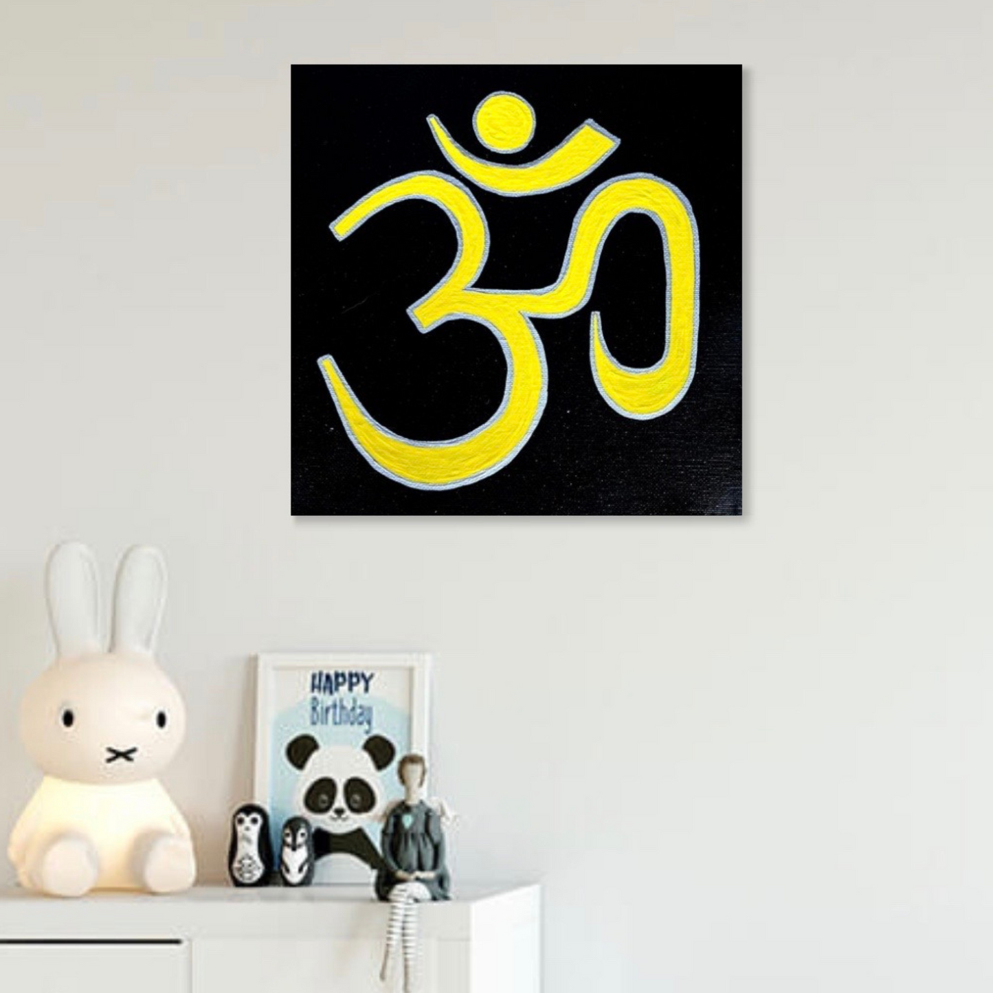 Yellow & Silver AUM symbol on black canvas - Arjuna Rigby Art and Lifestyle Store