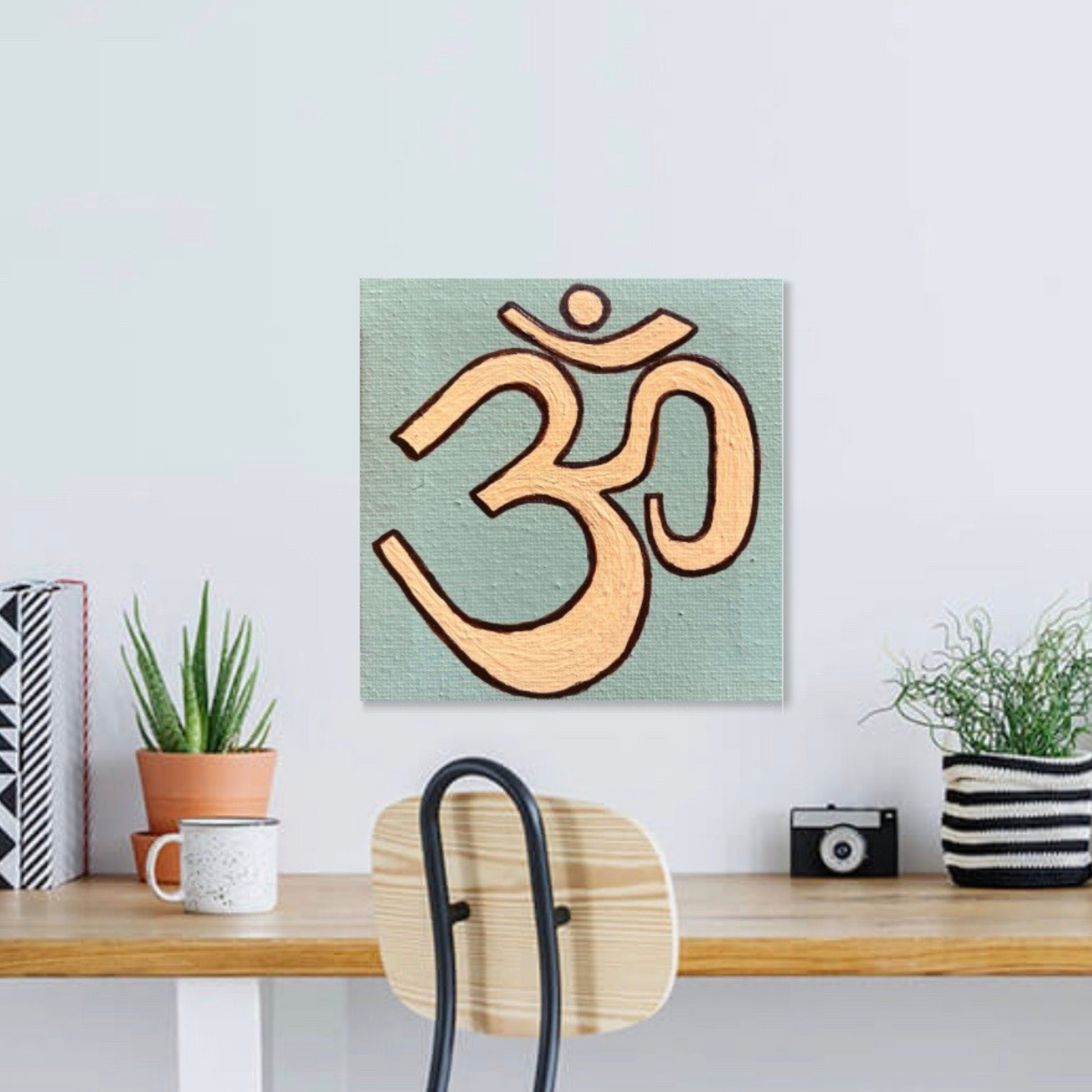 Small Hand Painted OM symbol - Neutral colors - mini square canvas - Arjuna Rigby Art and Lifestyle Store