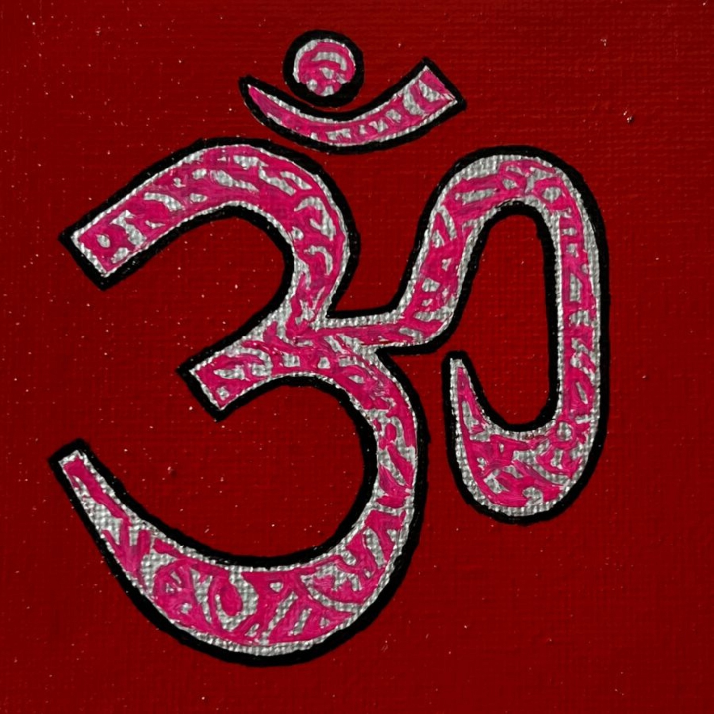 Pink & Silver AUM Symbol on red canvas - Arjuna Rigby Art and Lifestyle Store