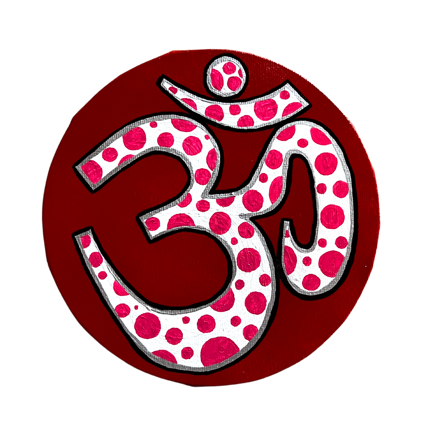 Small Hand Painted OM symbol Circle - Pink Polka Dots on Red - Arjuna Rigby Art and Lifestyle Store