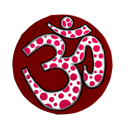 Small Hand Painted OM symbol Circle - Pink Polka Dots on Red - Arjuna Rigby Art and Lifestyle Store