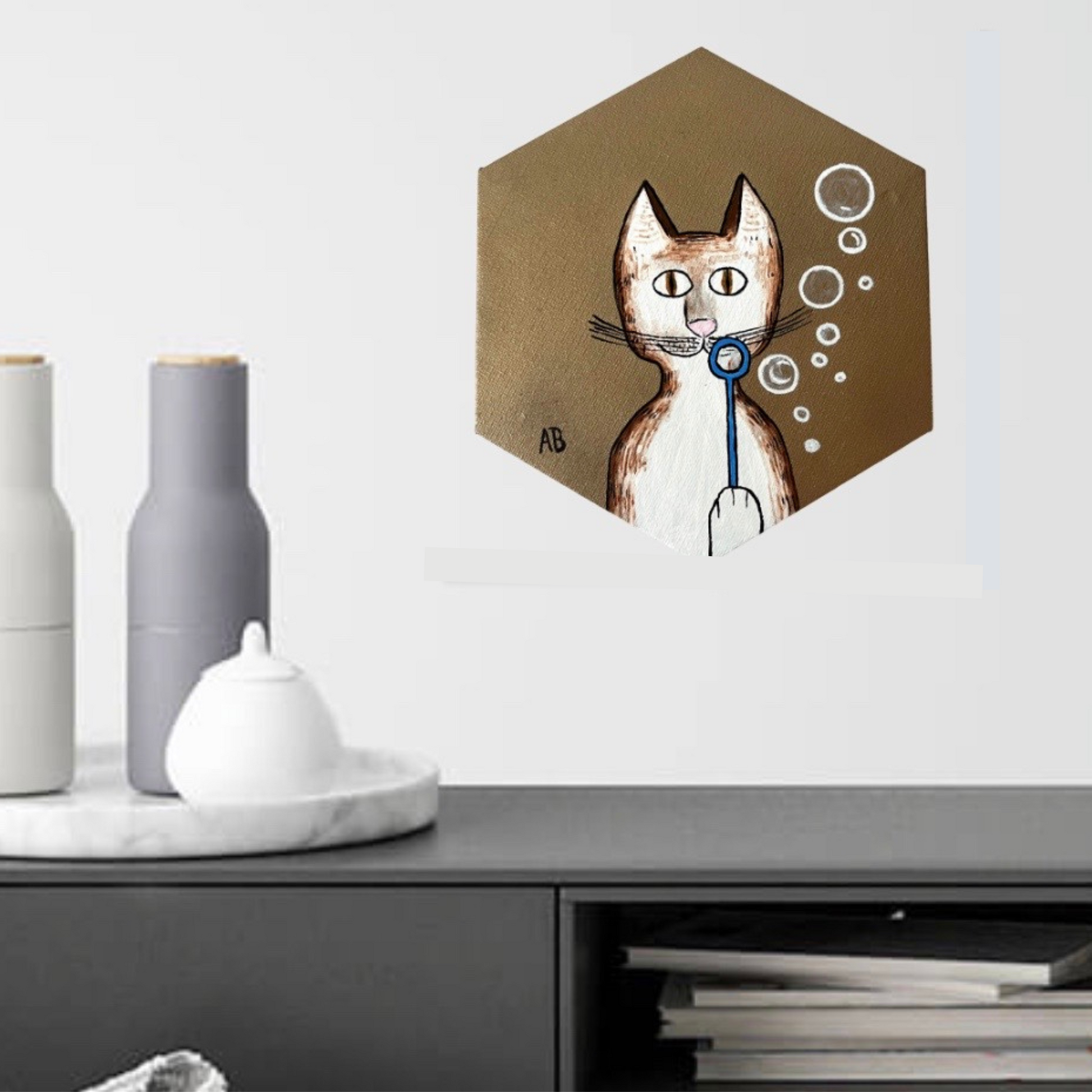 Gentleman's Cat blowing bubbles (Gold background) - Arjuna Rigby Art and Lifestyle Store