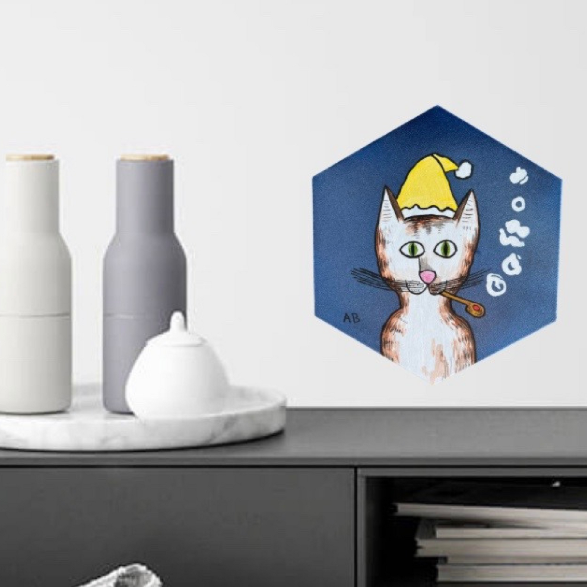 Gentleman's Cat with Yellow Winter Hat on Metallic Blue - hexagon canvas - Arjuna Rigby Art and Lifestyle Store