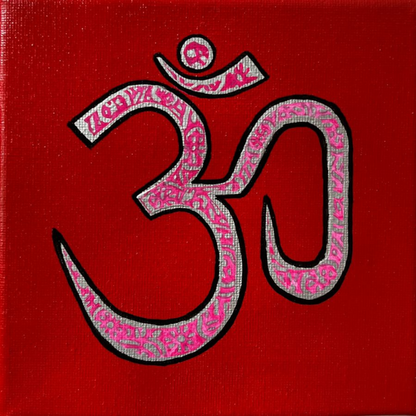 Pink & Silver AUM Symbol on red 6 x 6 inch canvas - Arjuna Rigby Art and Lifestyle Store