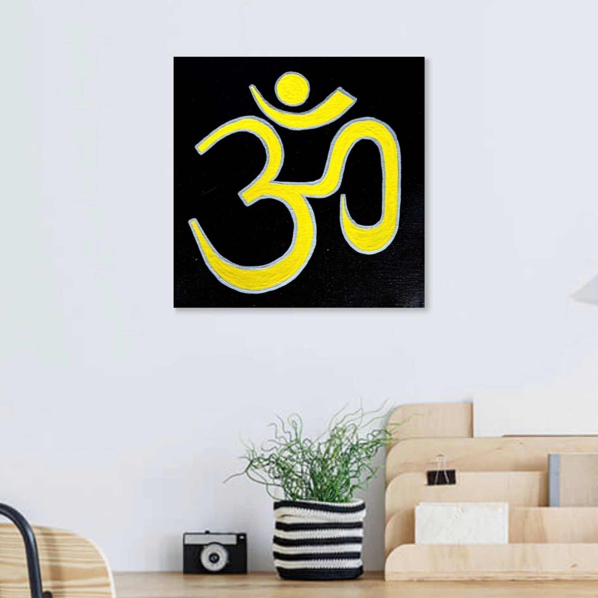 Yellow & Silver AUM symbol on black canvas - Arjuna Rigby Art and Lifestyle Store