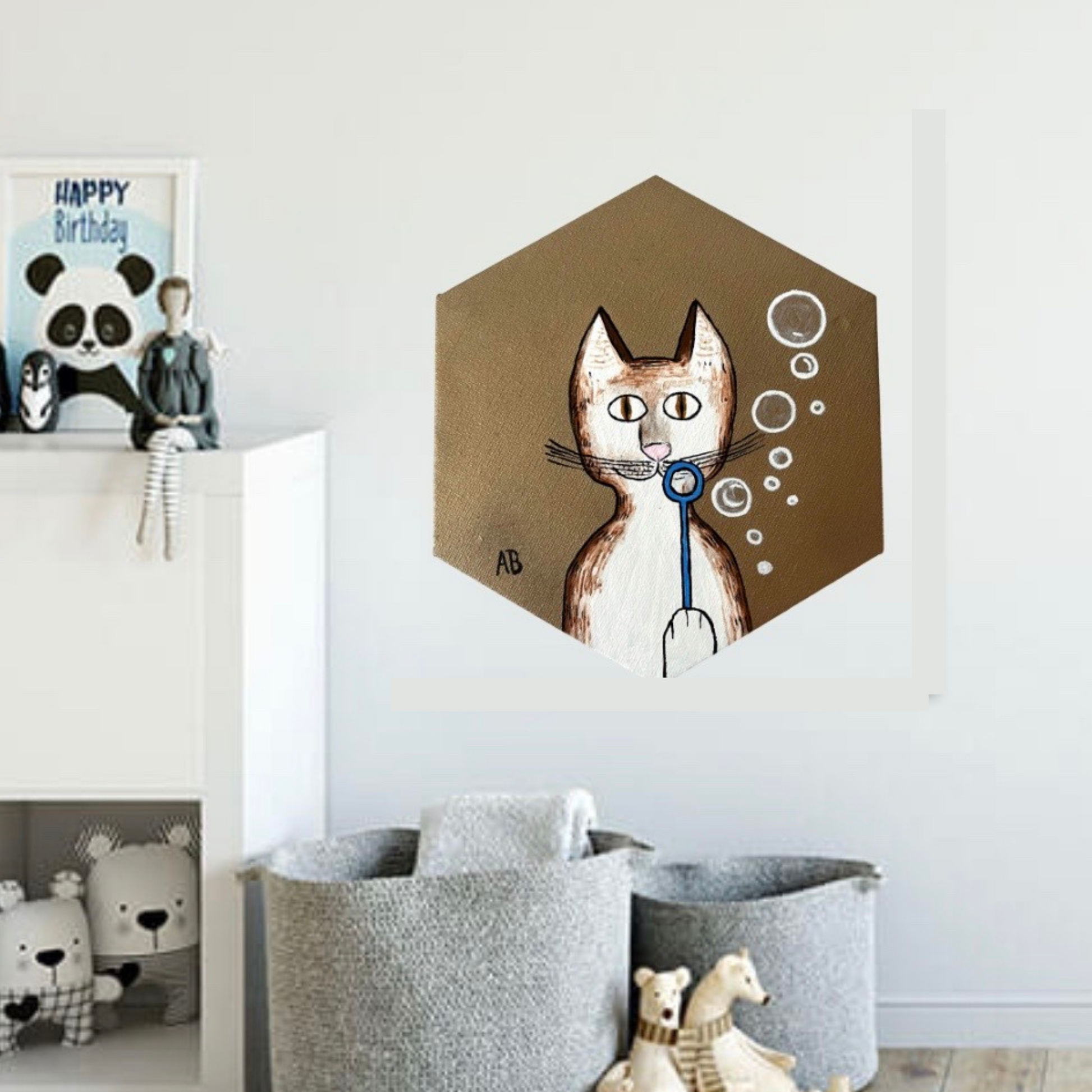 Gentleman's Cat blowing bubbles (Gold background) - Arjuna Rigby Art and Lifestyle Store