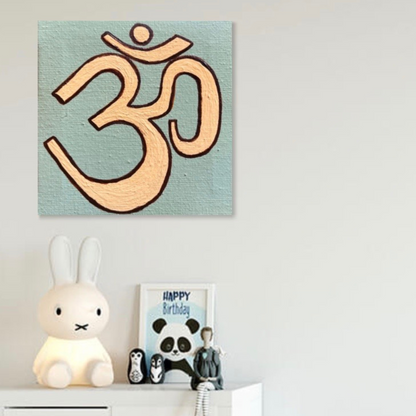 Small Hand Painted OM symbol - Neutral colors - mini square canvas - Arjuna Rigby Art and Lifestyle Store