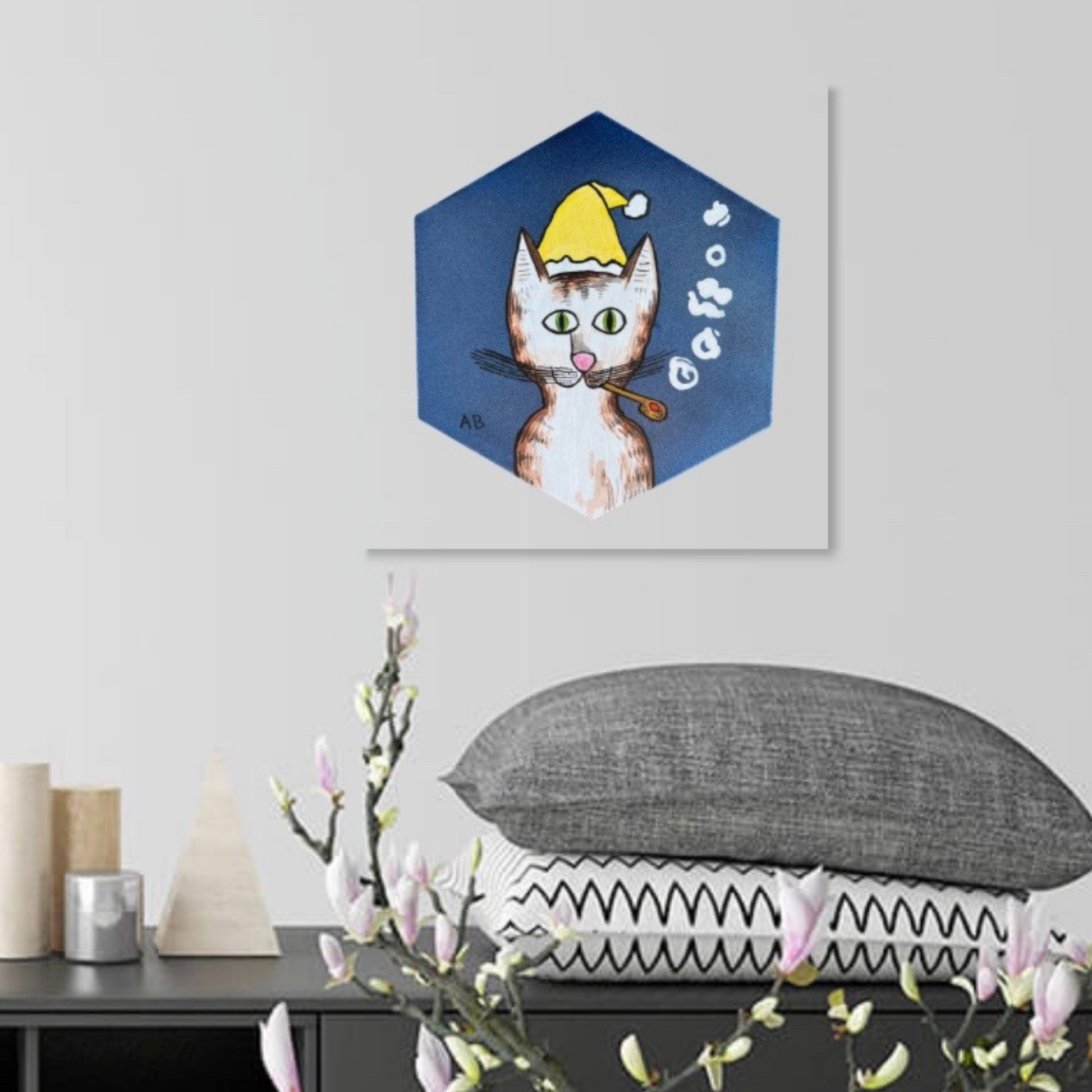 Gentleman's Cat with Yellow Winter Hat on Metallic Blue - hexagon canvas - Arjuna Rigby Art and Lifestyle Store