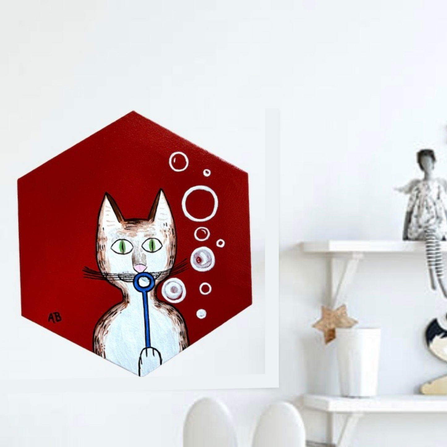 Gentleman's Cat on red background blowing bubbles - Arjuna Rigby Art and Lifestyle Store